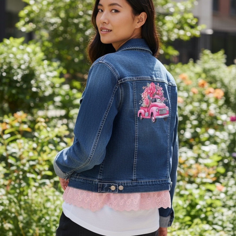 Upcycled Denim Jacket with Pink Car Design